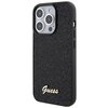 Czarne etui na telefon z teksturowaną powierzchnią i złotym napisem "Guess" w dolnej części. Etui jest dopasowane do modelu telefonu z trzema dużymi obiektywami aparatu.