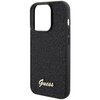 Czarne etui na telefon z teksturowaną powierzchnią i dużym wycięciem na aparat. Na dole etui znajduje się złoty napis "Guess".