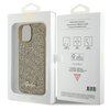 Złote etui na telefon z napisem "Guess" jest umieszczone w przezroczystym opakowaniu, które eksponuje jego teksturę przypominającą metaliczne siateczki. Na opakowaniu widnieją napisy: "Mobile phone accessory", "Drop protection", "Slim profile", "Easy snap-on", oraz logo "Guess" z czerwonym znakiem zapytania.