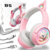 Różowe słuchawki nauszne z motywem kota i świecącymi elementami, obok nich znajduje się pudełko z napisem "B5" oraz "ONIKUMA". Na pudełku widnieje napis "PROFESSIONAL GAMING HEADSET", a obok słuchawek znajdują się dwa kable z różnymi końcówkami.