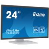 Na zdjęciu widoczny jest monitor z niebieskim ekranem, na którym znajdują się napisy: "24”", "iiyama", "ProLite T2452MSC", oraz ikony "IPS" i "10 PCAP". Monitor ma srebrną ramkę i stoi na prostokątnej podstawie.