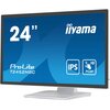 Monitor z czarną ramką i srebrną podstawą, na ekranie widoczny jest niebieski ekran z białym tekstem: "24” iiyama ProLite T2452MSC", oraz ikonami "IPS" i "10 PCAP".