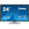 Monitor z czarną ramką i srebrną podstawą, na ekranie widoczny jest niebieski ekran z białymi napisami: "24”", "iiyama", "ProLite T2452MSC", oraz ikonami "IPS" i "10 PCAP".