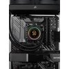 Na zdjęciu widoczna jest płyta główna z zamontowanym chłodzeniem procesora, na którym wyświetla się temperatura "CPU TEMP 50". W tle widać logo Corsair oraz napis "PRIME" na płycie głównej, a także fragment karty graficznej z napisem "GEFORCE".
