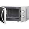 Srebrno-czarna kuchenka mikrofalowa z otwartymi drzwiczkami, posiada dwa pokrętła do regulacji mocy i czasu. Wnętrze jest widoczne, z obrotowym talerzem, a na panelu znajdują się napisy: "Power", "Timer", "Min", "Max", oraz oznaczenia czasowe i mocy.