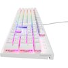 Biała klawiatura mechaniczna z podświetleniem RGB, z widocznymi klawiszami numerycznymi i funkcyjnymi, na której znajduje się napis "THOR 303". Klawisze mają wyraźne oznaczenia, a podświetlenie mieni się różnymi kolorami.