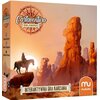 Opakowanie gry karcianej "Cartaventura: Oklahoma" przedstawia ilustrację jeźdźca na koniu na tle zachodzącego słońca i formacji skalnych. Na opakowaniu widnieje tekst: "INTERAKTYWNA GRA KARCIANA" oraz logo "muduko".