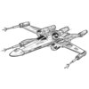 Czarno-biały rysunek przedstawia szczegółowy szkic statku kosmicznego z czterema silnikami i skrzydłami w kształcie litery X. Statek ma aerodynamiczny kształt z widocznymi liniami i detalami konstrukcyjnymi.