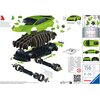 Obraz przedstawia instrukcję montażu puzzli 3D modelu samochodu Lamborghini Huracan Evo z 156 elementów, z widocznymi częściami i schematem składania. Na zdjęciu znajdują się również informacje o wymiarach modelu, ostrzeżenia w różnych językach oraz logo 