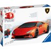 Pudełko przedstawia czerwony samochód sportowy z puzzli 3D, z napisem "3D Puzzle" oraz logo "Ravensburger" i "Lamborghini". Na opakowaniu widnieje tekst: "Sturdy - no glue required" oraz "With working wheels".