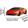 Na zdjęciu znajduje się pomarańczowy model samochodu sportowego z puzzli 3D, z widocznymi wymiarami: wysokość 6,5 cm (2,6 in.), szerokość 12,4 cm (4,9 in.) i długość 25,1 cm (9,9 in.). Model przedstawia samochód z charakterystycznymi, ostrymi liniami i cz