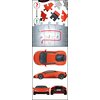 Na zdjęciu widoczne są elementy puzzli 3D w kształcie samochodu sportowego w kolorze pomarańczowym, z instrukcją montażu oznaczoną numerami od 1 do 5. Na dole znajdują się różne widoki złożonego modelu samochodu, w tym z góry, z boku, z przodu i z tyłu.