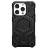 Etui UAG Monarch Pro MagSafe do Apple iPhone 15 Pro w kolorze czarnym z włóknem węglowym prezentuje ekran telefonu z tapetą przedstawiającą czerwony samochód sportowy na pustynnym tle, z kilkoma motocyklami na pierwszym planie. Na ekranie widoczna jest da