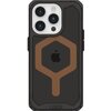 Czarno-brązowe etui na telefon z widocznym logo w kształcie jabłka na środku. Na dole etui znajduje się napis "UAG".