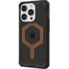 Czarno-brązowe etui ochronne na telefon z trzema dużymi otworami na aparaty oraz logo w kształcie jabłka na środku. Na dolnej krawędzi etui widoczny jest napis "UAG".