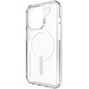 Przezroczyste etui do telefonu z widocznym okręgiem MagSafe na środku oraz logo ZAGG w górnym rogu. Etui ma wycięcia na aparat i przyciski boczne.