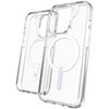 Przezroczyste etui do iPhone 15 Pro z funkcją MagSafe, ukazane w dwóch ujęciach, prezentuje okrągły wzór na środku oraz napis "ZAGG" w dolnej części. Na jednym z etui widoczny jest dodatkowy napis "PROTECT BETTER" wokół okręgu.