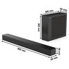 Na zdjęciu widoczny jest czarny soundbar oraz bezprzewodowy subwoofer. Obok urządzeń znajdują się wymiary: soundbar ma 800 mm długości, 60 mm szerokości i 90 mm wysokości, a subwoofer 300 mm szerokości, 110 mm głębokości i 350 mm wysokości.