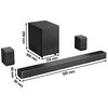 Czarny soundbar z bezprzewodowym subwooferem i dwoma głośnikami satelitarnymi, z widocznymi wymiarami: soundbar 920 mm x 90 mm x 60 mm, subwoofer 304 mm x 214 mm x 294 mm. Na soundbarze widoczny jest napis "ATMOS", a na subwooferze logo "Hisense".