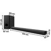 Na zdjęciu znajduje się ciemnoszary soundbar oraz subwoofer. Obok urządzeń widoczne są wymiary: subwoofer ma 407 mm wysokości, 409 mm głębokości i 187 mm szerokości, a soundbar ma 1015 mm szerokości, 63 mm wysokości i 112 mm głębokości.