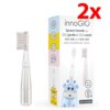 Opakowanie produktu z napisem "innoGIO Spare heads for GIOgiraffe & GIOrabbit GIO-450 and GIO-455 sonic toothbrush - 2 pcs." oraz dużym czerwonym napisem "2x". Obok opakowania znajduje się przezroczysta końcówka szczoteczki.