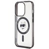 Przezroczyste etui na telefon z ciemnymi krawędziami, zaprojektowane dla Apple iPhone 15 Pro Max, posiada grafikę przedstawiającą głowę kota w okularach przeciwsłonecznych, umieszczoną centralnie w okręgu. Etui jest kompatybilne z technologią MagSafe, co 