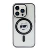 Przezroczyste etui na telefon z widocznym motywem głowy kota w okularach przeciwsłonecznych, otoczone okręgiem z napisem "KARL LAGERFELD". Etui jest dopasowane do modelu telefonu z trzema obiektywami aparatu.