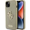 Na zdjęciu widoczne jest złote etui na telefon z perforowanym wzorem i błyszczącym logo "4G" na środku. Na dole etui znajduje się napis "GUESS".