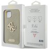 Złote etui na telefon z perforowanym wzorem i logo "4G" oraz napisem "GUESS" na dole, umieszczone w przezroczystym opakowaniu. Na opakowaniu widnieją napisy: "Mobile phone accessory", "Accessories pour téléphone mobile", "Accesorios de telefonía móvil", a