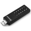 Czarny pendrive z klawiaturą numeryczną, na której widoczne są cyfry od 0 do 9 oraz przyciski "unlock" i "lock". Na obudowie znajduje się logo "Verbatim".