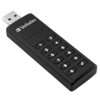 Czarny pendrive z klawiaturą numeryczną, na której widoczne są cyfry od 0 do 9 oraz symbole kłódek. Na obudowie znajduje się logo "Verbatim".