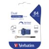Opakowanie pendrive'a Verbatim Store 'n' Go Dual 64GB z USB-C i USB 3.2 Gen. 1, z napisem "High Speed Data Transfer" oraz grafiką przedstawiającą urządzenie i jego złącza. Widoczne jest logo Verbatim oraz ikony symbolizujące kompatybilność z różnymi urządzeniami.