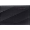 Czarny dysk zewnętrzny o teksturowanej powierzchni z napisem "Portable SSD T9". Produkt ma prostokątny kształt i nowoczesny design.