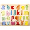 Na zdjęciu znajduje się drewniana układanka z kolorowymi, małymi literami alfabetu od "a" do "z", każda litera jest w innym kolorze. Produkt to "Układanka DAFFI Litery małe D-126 (26 elementów)".