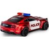 Czerwony model samochodu policyjnego z napisem "POLICE" na białych drzwiach, posiada czarne felgi i niebiesko-czerwone światła na dachu. Na tylnej części pojazdu widoczny jest napis "GT".