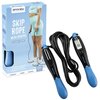 Na obrazie znajduje się opakowanie skakanki z licznikiem, na którym widnieje napis "Skip Rope with Counter" oraz "Count Rope". Dodatkowo, na opakowaniu umieszczono informacje: "Skakanka z licznikiem", "Rope Length 300 cm", "Strength", "Power", "Balance".