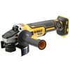 Na zdjęciu widoczna jest szlifierka kątowa w kolorach żółtym i czarnym z napisem "DEWALT BRUSHLESS 18V XR" na obudowie. Narzędzie posiada boczny uchwyt i metalową osłonę tarczy.