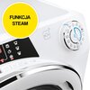 Na obrazie widoczny jest panel sterowania pralki z różnymi ikonami programów prania oraz pokrętło z oznaczeniami temperatury i trybów. W żółtym okręgu znajduje się napis "FUNKCJA STEAM", a obok widoczny jest symbol "hOn".