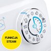 Na obrazie znajduje się panel sterowania pralki z pokrętłem, na którym widoczne są różne ikony programów prania, takie jak SMART, ECO 40-60, oraz symbole związane z czasem prania, temperaturą i funkcjami dodatkowymi. W lewym dolnym rogu znajduje się żółte
