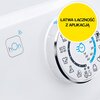 Na obrazie widoczny jest panel sterowania pralki z pokrętłem, na którym znajdują się różne programy prania, takie jak ECO 40-60 oraz symbole związane z praniem. Obok pokrętła znajduje się logo "hOn" z ikoną sygnału, a w żółtym okręgu widnieje napis "ŁATWA
