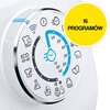 Na obrazie widoczny jest panel sterowania pralki z różnymi ikonami programów prania, w tym "SMART" i "ECO 40-60", oraz oznaczeniami czasowymi, takimi jak 14', 30', 44'. Obok panelu znajduje się żółte koło z napisem "16 PROGRAMÓW".