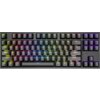 Na zdjęciu znajduje się klawiatura mechaniczna z podświetleniem RGB, z widocznymi klawiszami funkcyjnymi od F1 do F12 oraz klawiszami alfanumerycznymi. Klawisze są podświetlone w różnych kolorach, a na klawiaturze widoczne są także klawisze strzałek oraz 