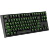 Czarna klawiatura mechaniczna z podświetleniem RGB, na której widoczne są klawisze z zielonymi oznaczeniami, w tym "ESC", "F1" do "F12", oraz standardowy układ QWERTY. Klawiatura posiada również klawisze funkcyjne takie jak "Ctrl", "Alt", "Shift" i "Enter