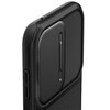 Czarne etui do telefonu z widocznym przesuwanym elementem ochronnym na aparat oraz teksturowaną powierzchnią. Na boku etui znajdują się wycięcia na przyciski.