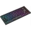 Czarna klawiatura mechaniczna z podświetleniem RGB, posiadająca klawisze z oznaczeniami liter i cyfr. Na obudowie widoczne jest logo "RK".