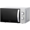 Kuchenka mikrofalowa w kolorze srebrno-szarym z czarnymi elementami, posiada dwa pokrętła do regulacji mocy i czasu, a na drzwiczkach widoczne jest logo "SENCOR" oraz napis "INNER SPACE+".