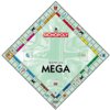 Plansza do gry Monopoly Mega z centralnym napisem "EDYCJA MEGA" oraz logo Monopoly na górze. Plansza zawiera różnokolorowe pola z nazwami ulic, kartami szansy i innymi elementami charakterystycznymi dla gry Monopoly.