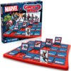 Pudełko gry towarzyskiej z logo "MARVEL" i napisem "Guess Who?" przedstawia postacie z uniwersum Marvela. Na planszy gry widoczne są karty z postaciami, takimi jak Iron Man, Black Widow, Thor, Captain America i Star-Lord.