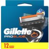 Opakowanie ostrzy do golarki z widocznym logo "Gillette PROGLIDE" na niebieskim tle, z dużym zdjęciem ostrza i ikoną kropli wody. Na dole opakowania znajduje się żółty pasek z czerwoną liczbą "12" oraz symbolem ostrzy.