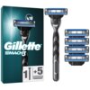 Na zdjęciu znajduje się opakowanie golarki z napisem "Gillette Mach3" oraz widoczna golarka z pięcioma dodatkowymi ostrzami. Na opakowaniu widnieje symbol golarki i ostrzy z oznaczeniem "1 + 5".